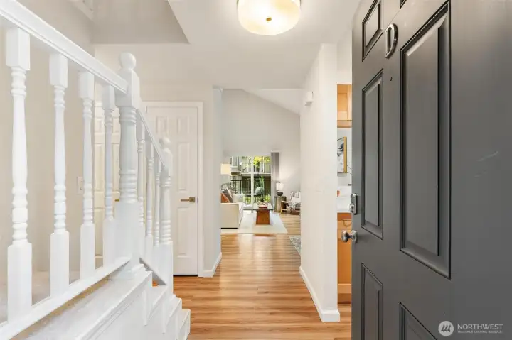 Bright interior hallway leading to the main living area. Bright interior hallway leading to the main living area.