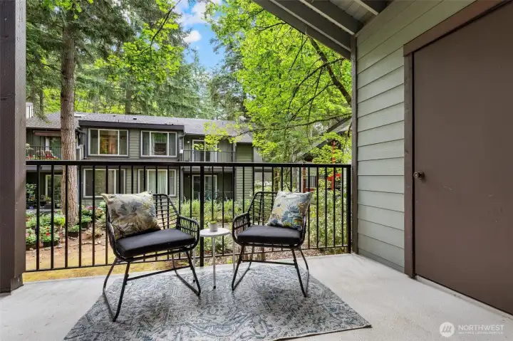 Private covered patio overlooking the peaceful community courtyard. Private covered patio overlooking the peaceful community courtyard.