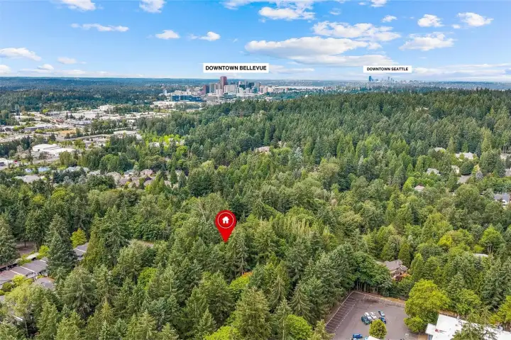 Aerial view featuring the home's proximity to downtown Bellevue, Microsoft, and nearby amenities. Aerial view featuring the home's proximity to downtown Bellevue, Microsoft, and nearby amenities.