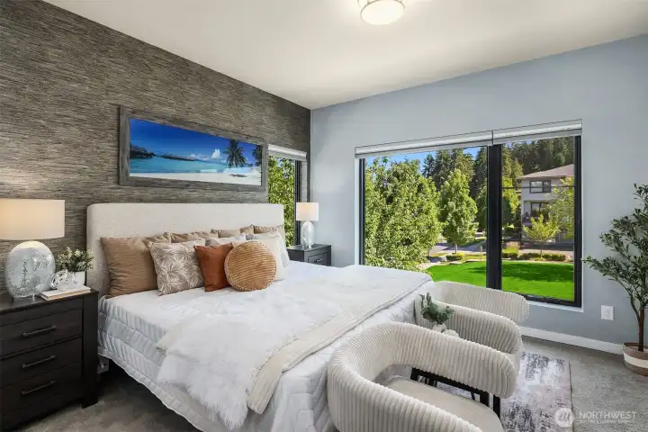 Upper level primary suite with huge picture window overlooking the community space. Owners added top down/bottom up black out blinds in all bedrooms Upper level primary suite with huge picture window overlooking the community space. Owners added top down/bottom up black out blinds in all bedrooms