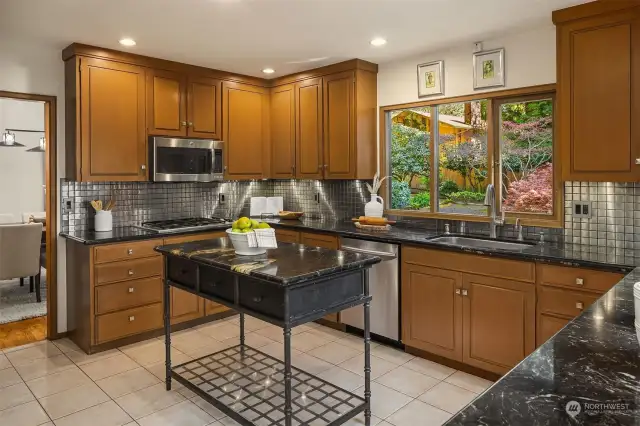 Gourmet kitchen with high-end, stainless steel appliances, a gas range & newer dishwasher.