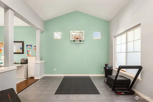 Living room was converted to fitness room.