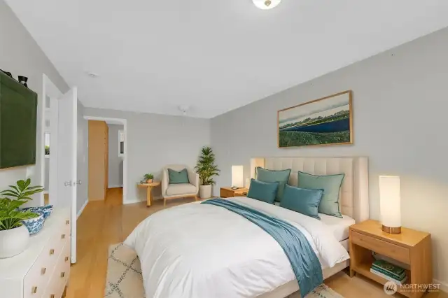 Virtually staged primary bedroom