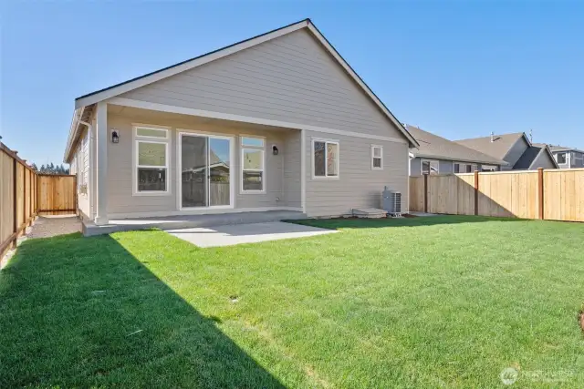 Fully landscaped backyard with privacy fencing, patio and easy access to front yard through side gate