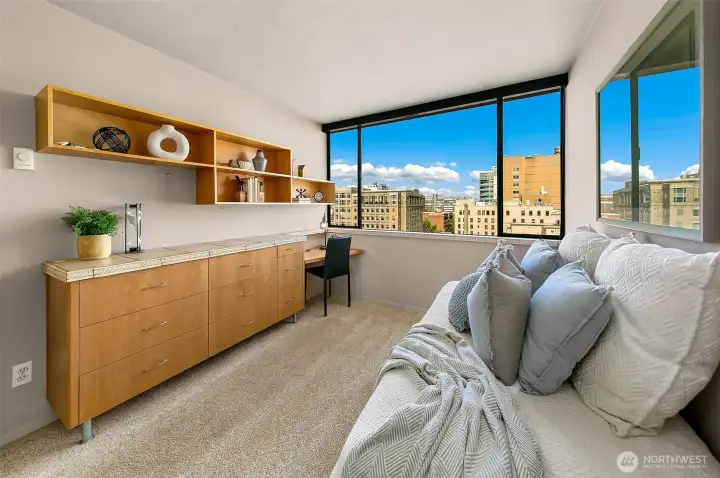 Built-in desk and custom shelving in the 2nd bedroom/office.