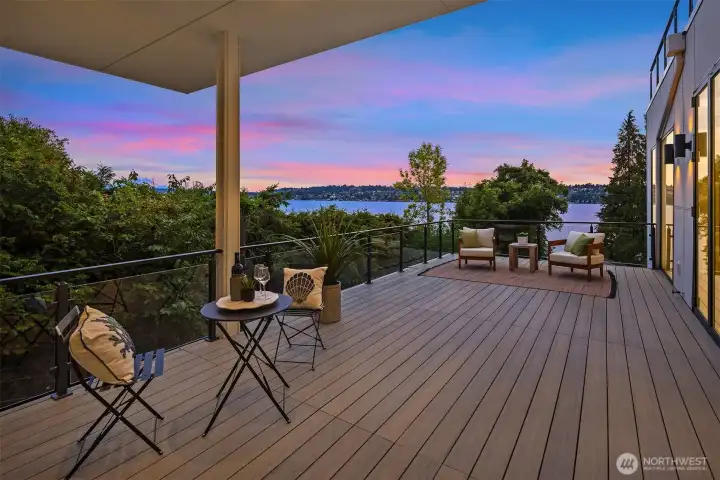 One of 4 spacious view decks designed for sunset conversations and quiet moments overlooking Lake Washington - this one just off the living/dining/kitchen area