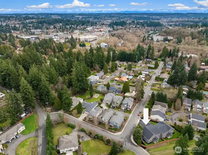Aerial view lookimg toward downtown Bothell.  1 mile walk