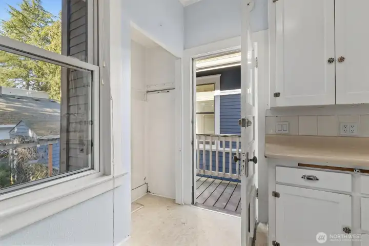 Kitchen and view of back deck