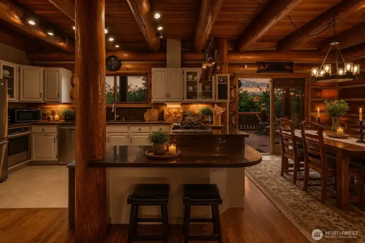 The newly updated kitchen soars with natural light by day and transforms into a warm, cozy gathering space at night surrounded by rich natural log beauty.