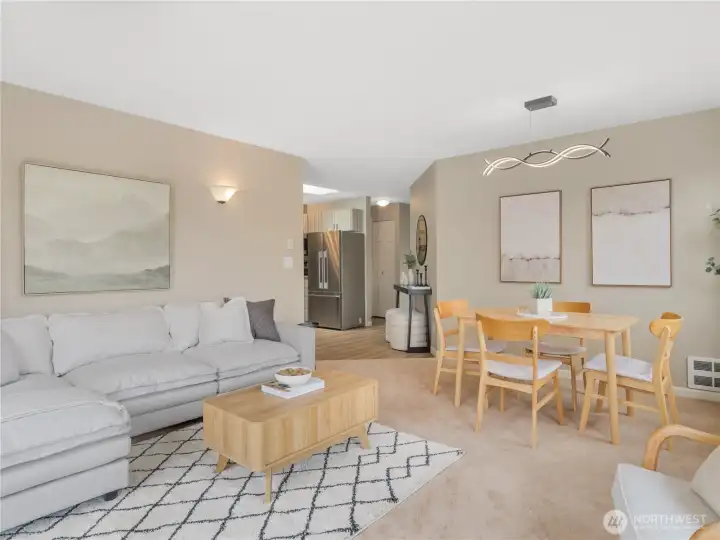 Thoughtfully arranged living and dining area showcasing contemporary finishes, generous room dimensions, and easy everyday living. Thoughtfully arranged living and dining area showcasing contemporary finishes, generous room dimensions, and easy everyday living.