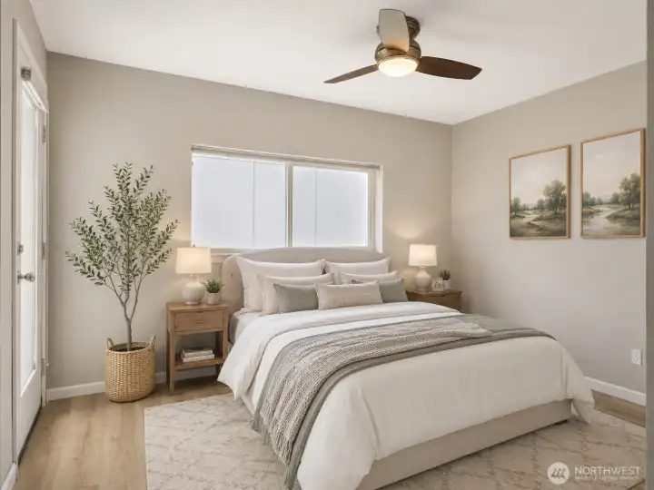 Offering generous dimensions, updated flooring, and balcony access, this room demonstrates a variety of potential layout options. Offering generous dimensions, updated flooring, and balcony access, this room demonstrates a variety of potential layout options.