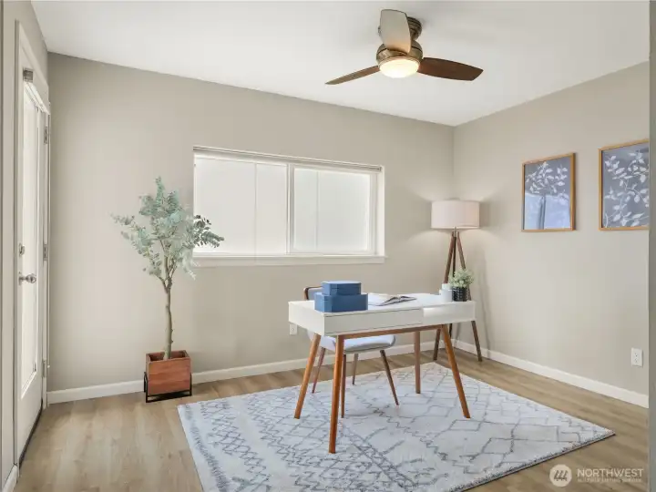 2nd bedroom staged as office. 2nd bedroom staged as office.