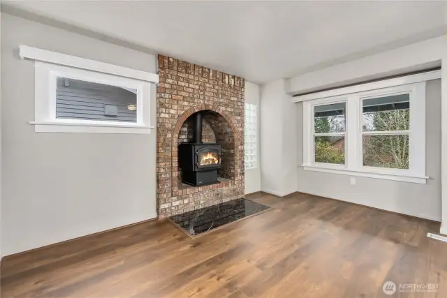 Another view of the living room with the gorgeous brick surround and marble slab.