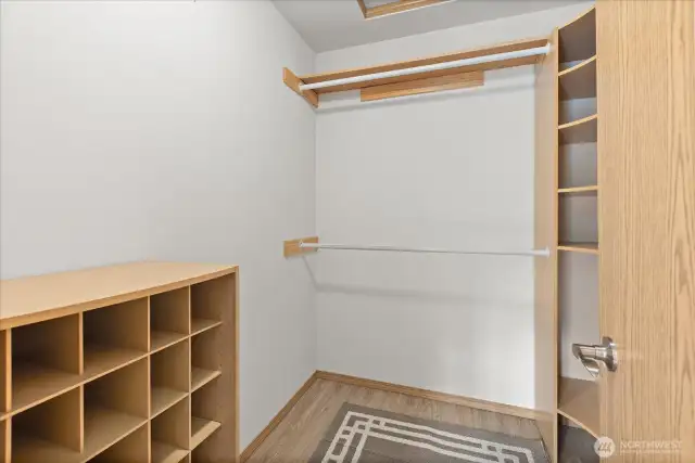 Primary bedroom includes a walk-in closet with some built-in shelving.