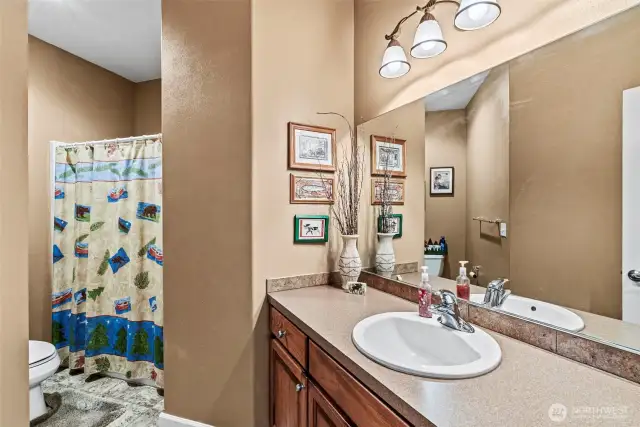 Generous sized main bath with tub/shower, comfort height vanity and plenty of counter space.