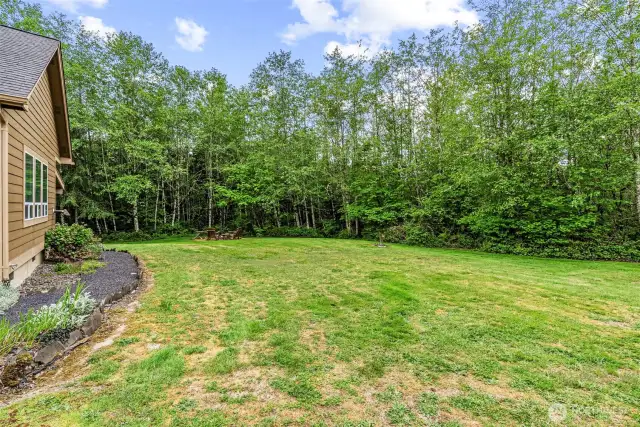 Southerly yard and firepit surrounded by mature trees and natural habitat...