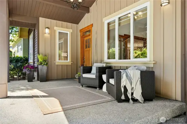 PNW outdoor living room on the covered front porch
