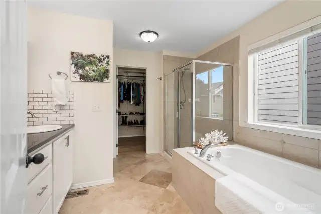 Primary bathroom featuring a soaking tub, spacious shower, and a large walk-in closet.