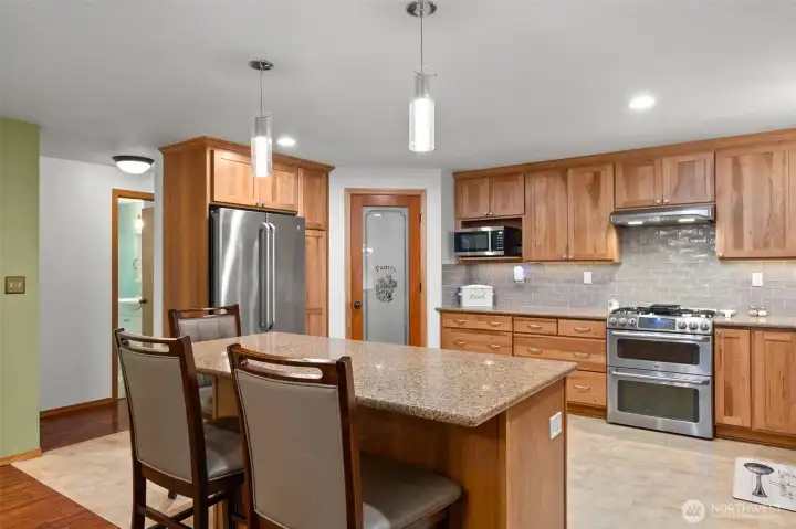 Stainless appliances and under the cabinet lighting.