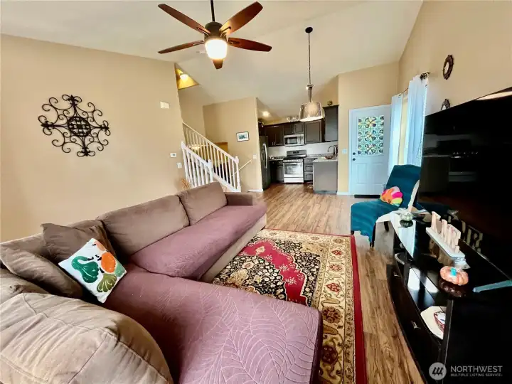 Open living room to dining room and kitchen