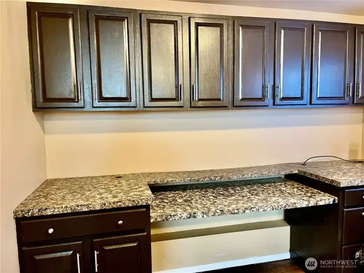 downstairs spacious rec room with built in cabinets and desk