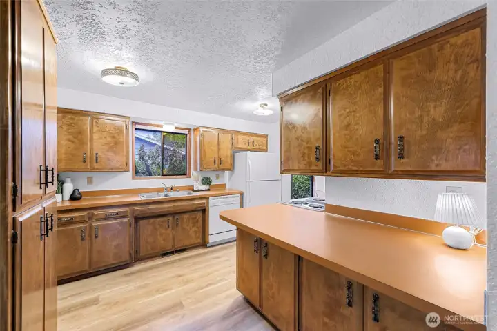 Lots of cabinets and a built in pantry cabinet to the left.