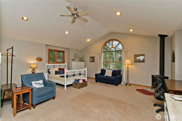 ADU above garage, complete with a 3/4 bathroom, fireplace & kitchenette.