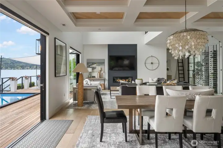Miles of rich oak flooring inside the home melds perfectly with a huge Ironwood deck on the exterior.