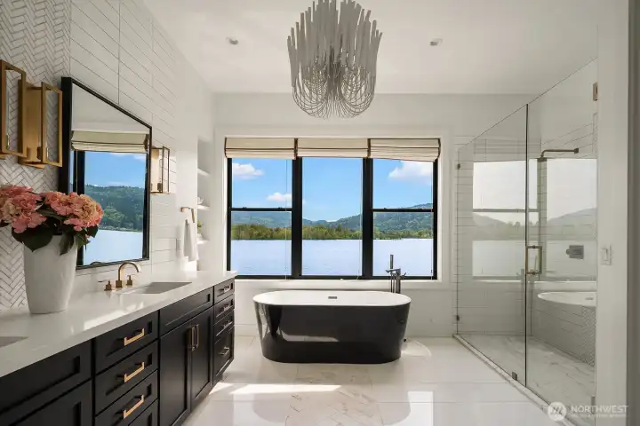 Gorgeous 5 piece master spa bath looks and feels like it could be in the Four Season's hotel.