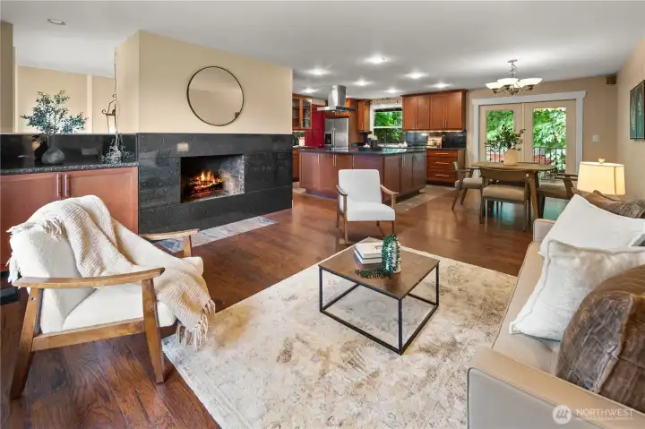 Upstairs Living, Dining and beautiful kitchen with wood burning fireplace.