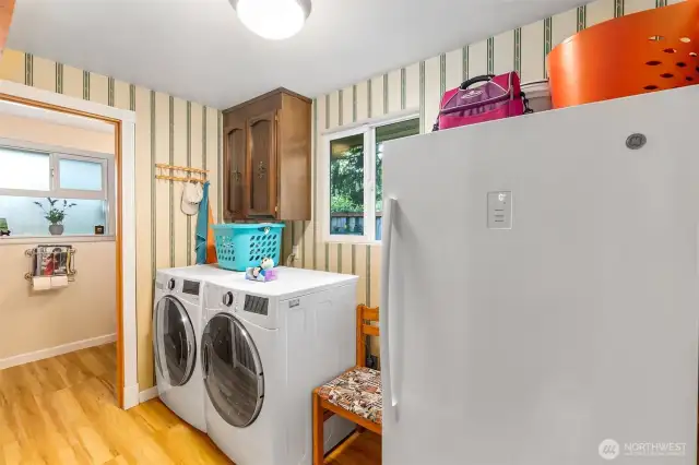 Laundry room is right off the family room. Powder room/half bath is in the background.