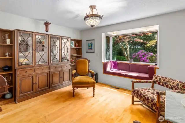 Now on to the living room--relax, journal, and listen to the rain in this custom bench seat!
