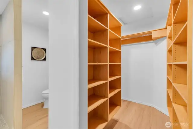 Walk-in-closet in the primary bedroom.