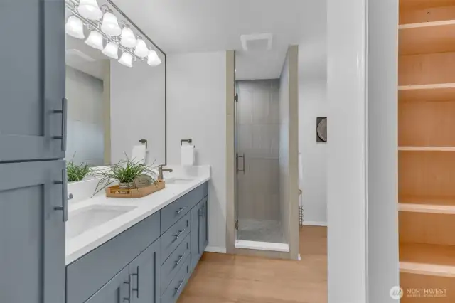 The primary bath features a heated floor, providing warmth and comfort for a luxurius and inviting experience each time you enter.