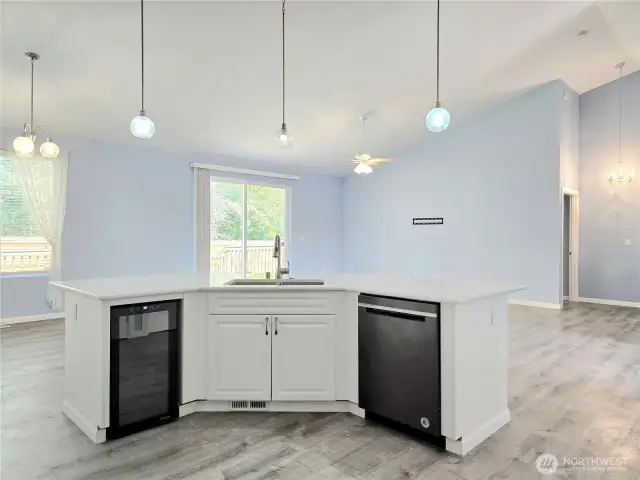 Island with dishwasher and wine fridge