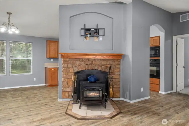 Wood burning stove below TV mount