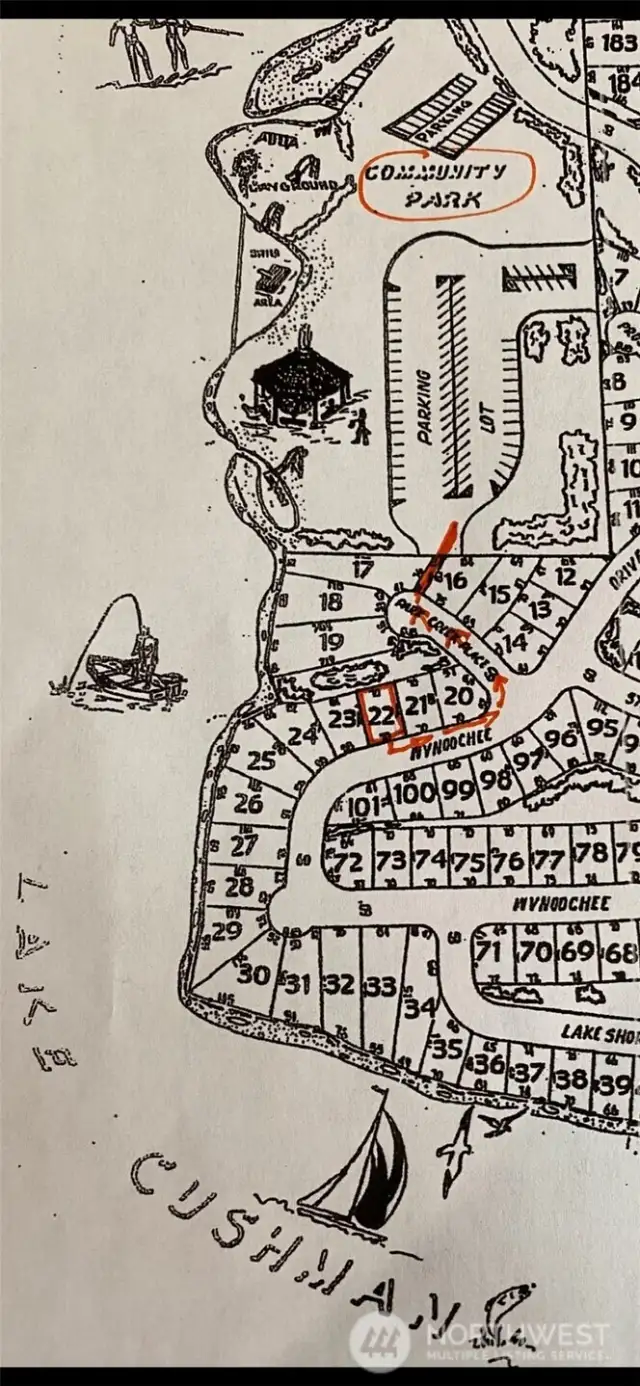 plat red highlighted lot and red highlighted tail to the beach