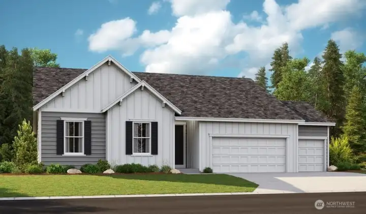Rendering of similar home - actual home is reverse with garage on left - for representation only
