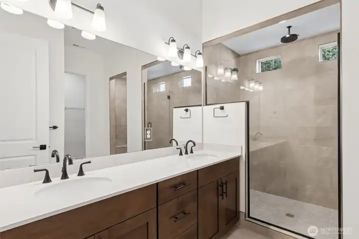 ***Actual Home *** Primary bath with double sinks and walk in shower
