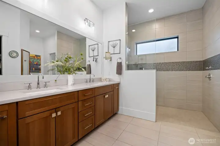 The spa-like primary bathroom