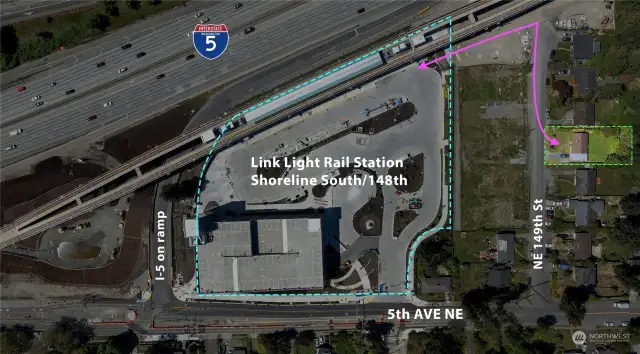 aerial view of how close the lot is from the entrance to the light rail station (pink line is the walking path to the light rail station from the home