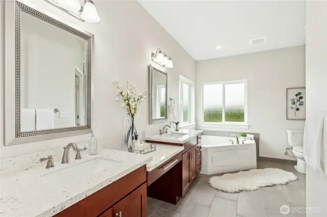 Elegant 5 piece primary bath with generous soaking tub