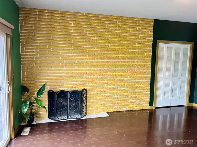 Cozy fireplace in primary suite. Showing one of two closets.