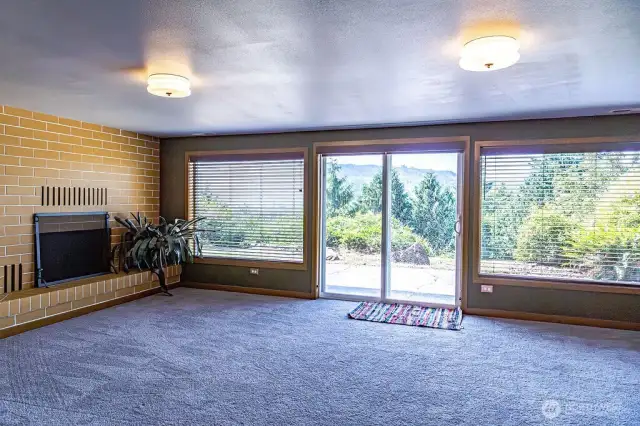 Another wood burning fireplace in rec room. Slider leads to the back yard.