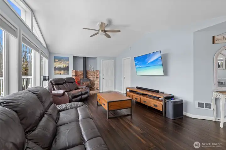 Wood burning fireplace warms the entire house.