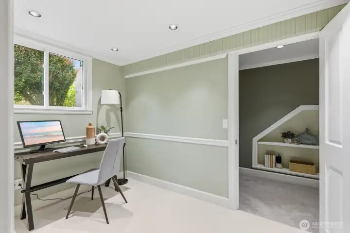 Handy downstairs office, great for remote work or learning.