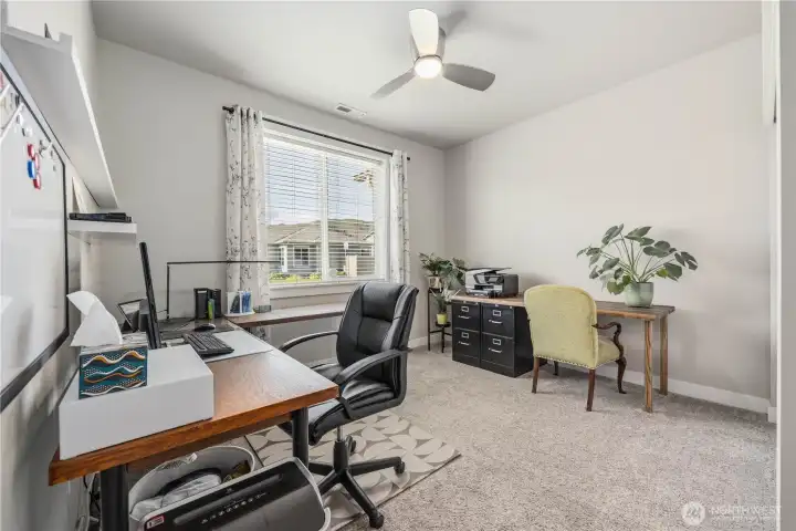 omfortable guest bedroom with tall ceilings, upgraded ceiling fan, and abundant natural light creating a warm and inviting retreat.