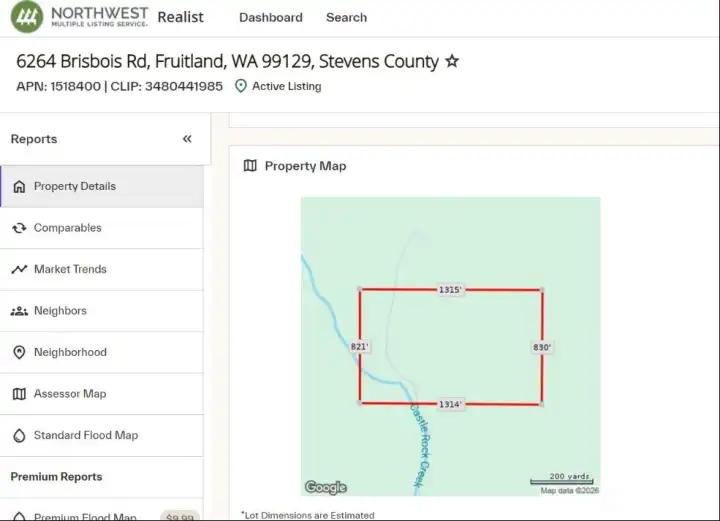 Screenshot of Stevens Co. property sketch; showing stream entrance and exit points. Screenshot of Stevens Co. property sketch; showing stream entrance and exit points.