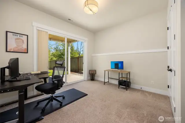 The guest suite or private home office on the living level. This neighborhood is connected to Fiber. There is easy access to the covered back patio from this room.
