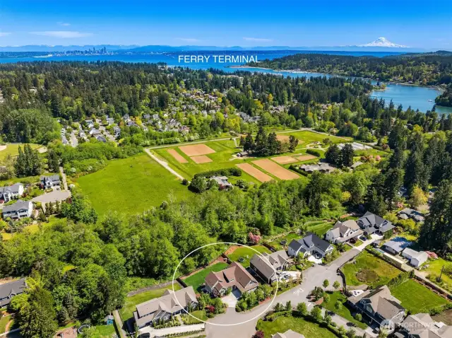 An aerial view of the home showing the proximity to the ferry terminal. Less than a mile.